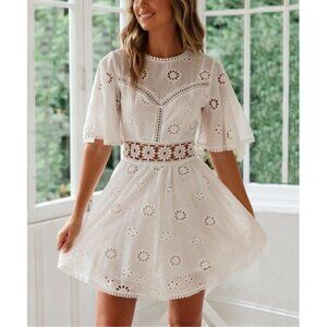 White Eyelet-Accent Backless Fit & Flare Dress